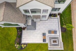 Top-down view of modern Techo-Bloc paver patio with distinctive contrasting border in West Chester
