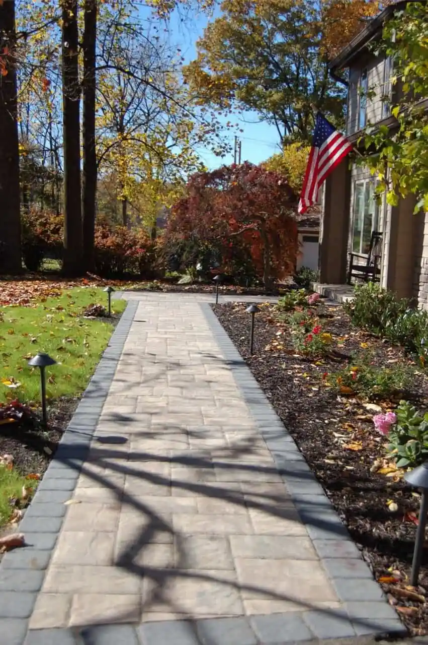 Colonial-Walkway-Hardscape-Chadds-Ford Paver walkway installation complementing a colonial house in Chadds Ford PA