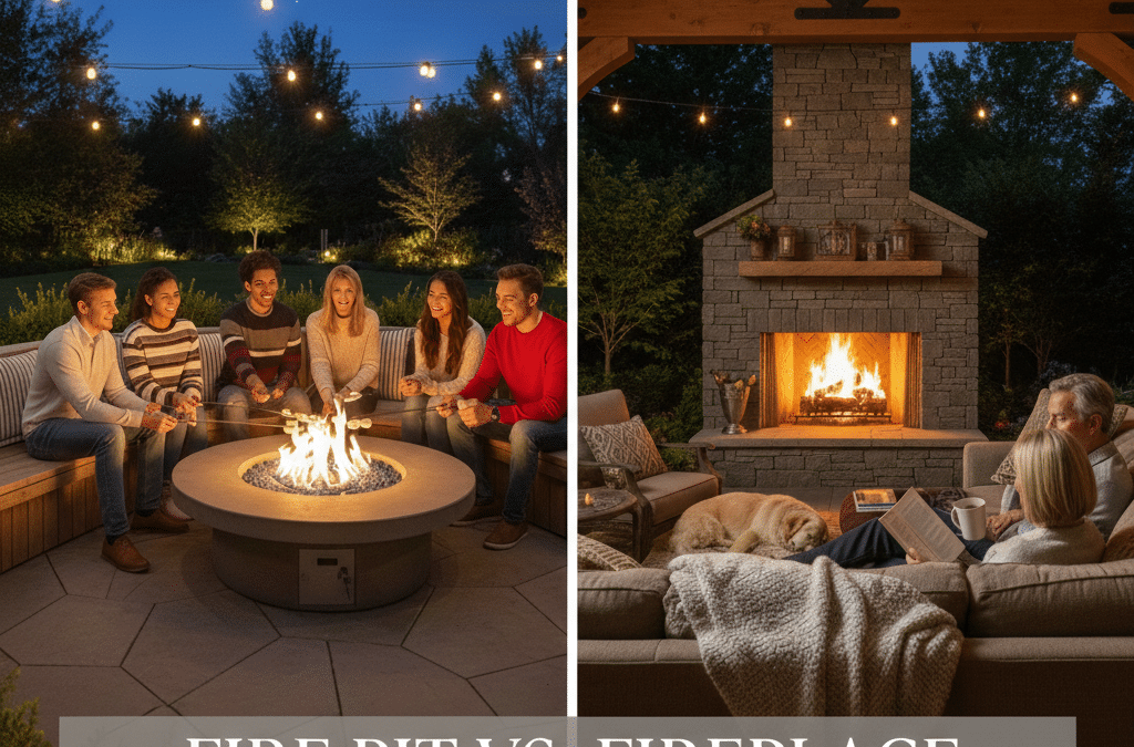 Comparison of a stone outdoor fireplace under a pavilion and a circular stone fire pit on a patio in Pennsylvania.