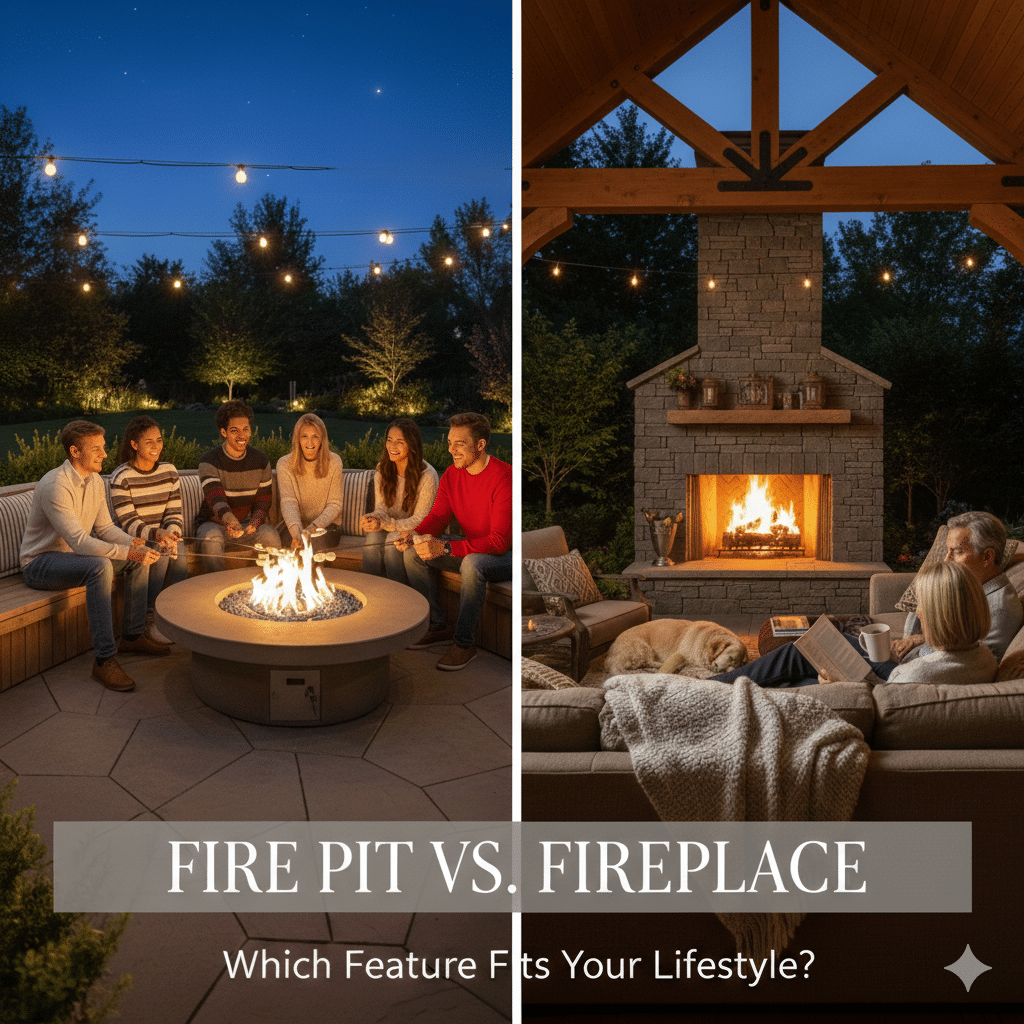 Comparison of a stone outdoor fireplace under a pavilion and a circular stone fire pit on a patio in Pennsylvania.