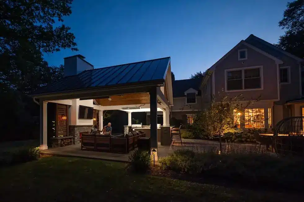 Estate-Landscape-Lighting-Chadds-Ford Estate home in Chadds Ford illuminated by architectural up-lighting and path lights