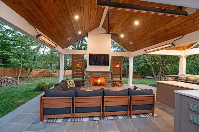 Roof Structure with outdoor fireplace by CKC Landscaping West Chester Pa 2 Custom outdoor fireplace and seating area for fall entertaining.